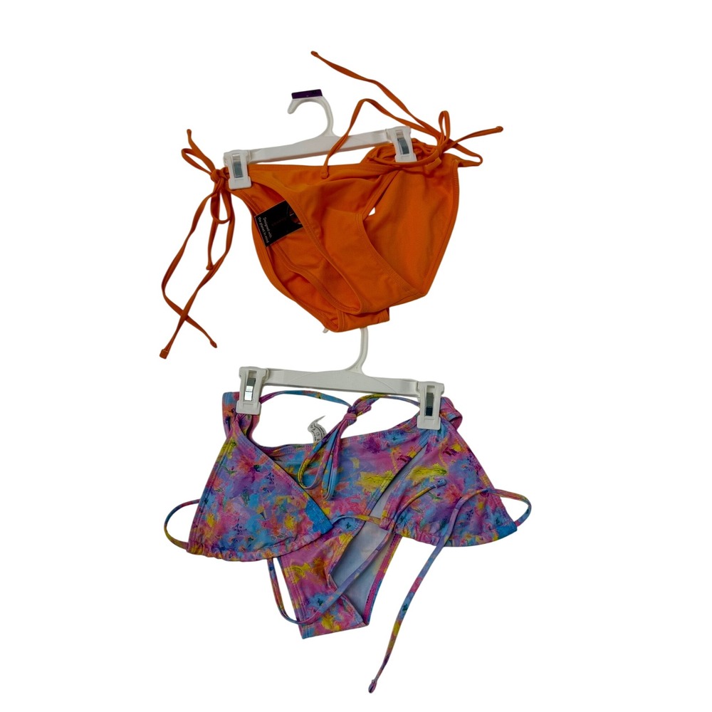 No Boundaries Women's 3 Piece Bikini Set Orange Floral Triangle Top Size M